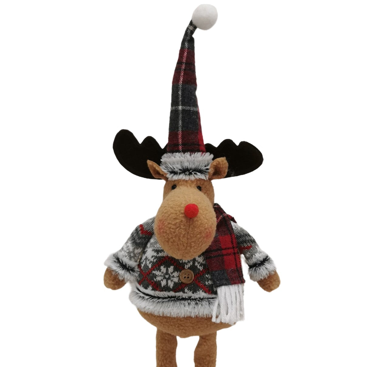 Figurina Decorativa, Pentru Craciun, Ren, Picioare Telescopice, Inaltime Reglabila 44-54cm, Bluza cu Fulgi, Rosu/Gri