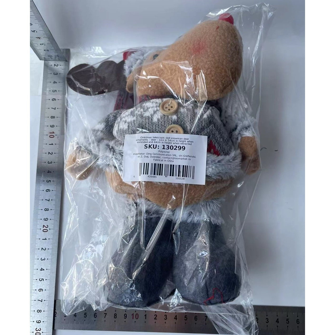 Figurina Decorativa, Pentru Craciun, Ren, Picioare Telescopice, Inaltime Reglabila 44-54cm, Bluza cu Fulgi, Rosu/Gri