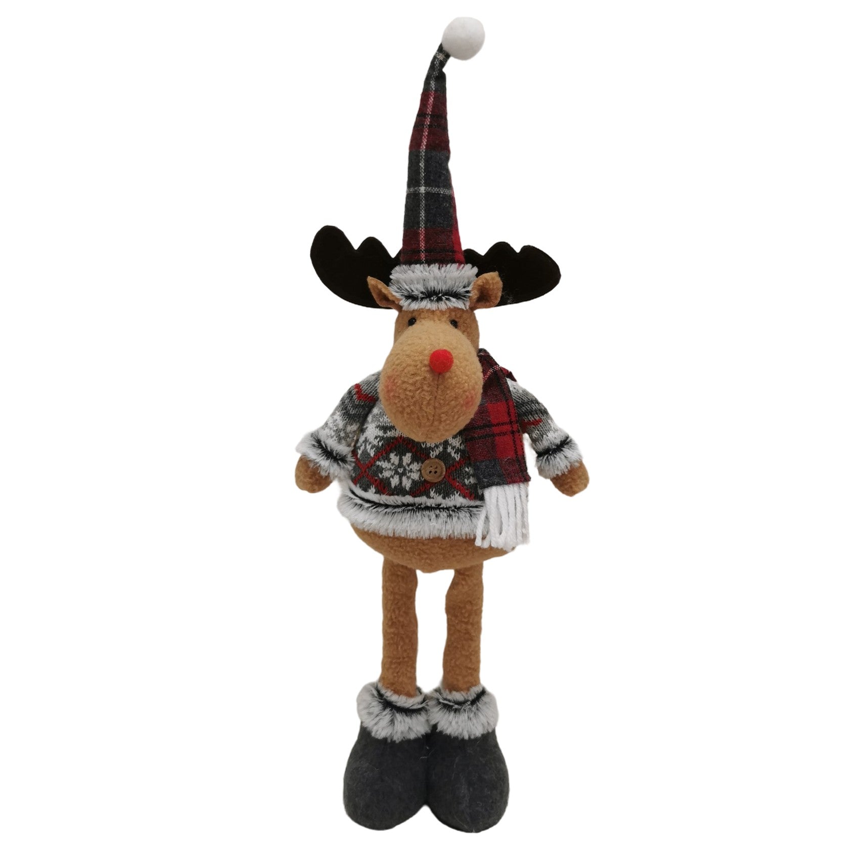 Figurina Decorativa, Pentru Craciun, Ren, Picioare Telescopice, Inaltime Reglabila 44-54cm, Bluza cu Fulgi, Rosu/Gri
