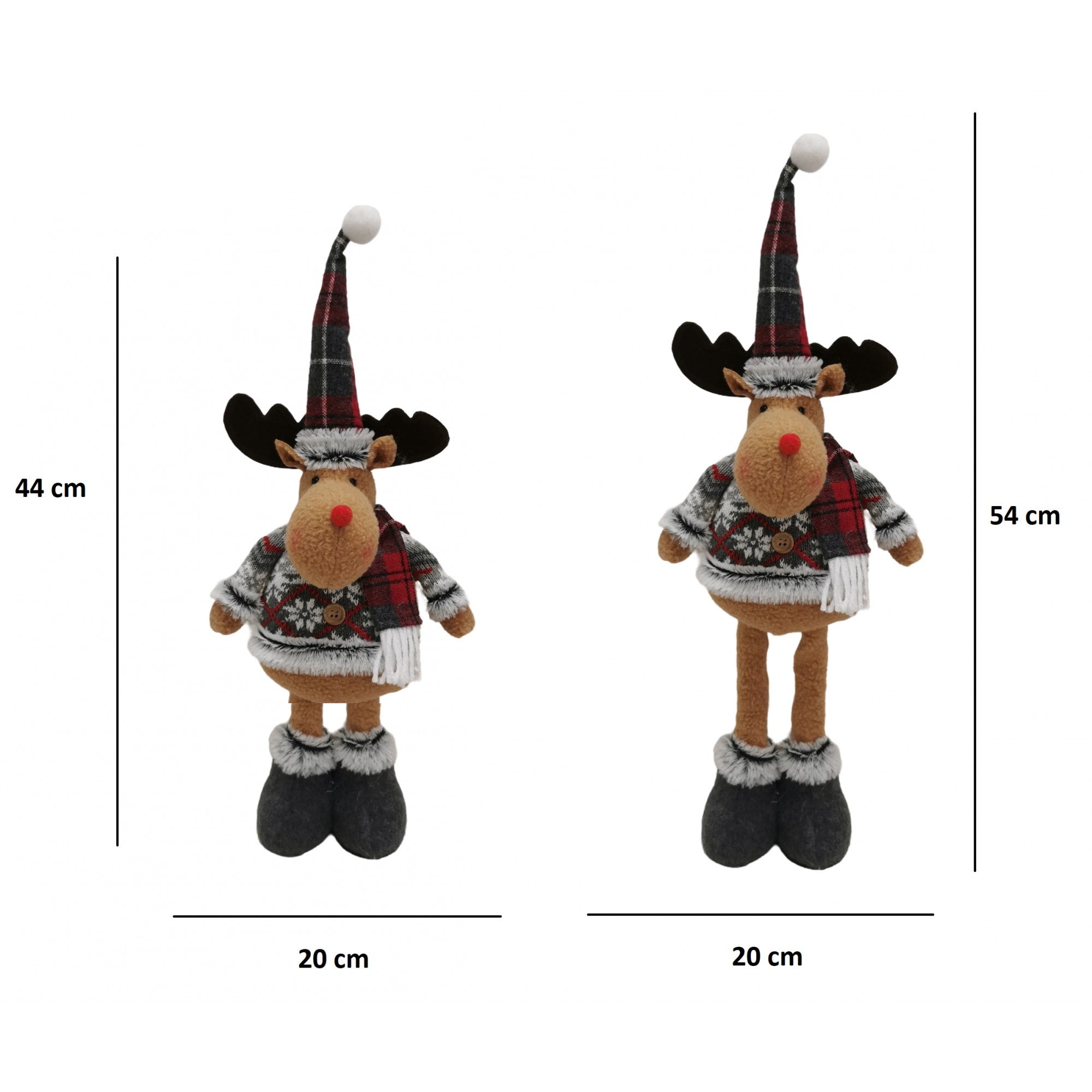 Figurina Decorativa, Pentru Craciun, Ren, Picioare Telescopice, Inaltime Reglabila 44-54cm, Bluza cu Fulgi, Rosu/Gri