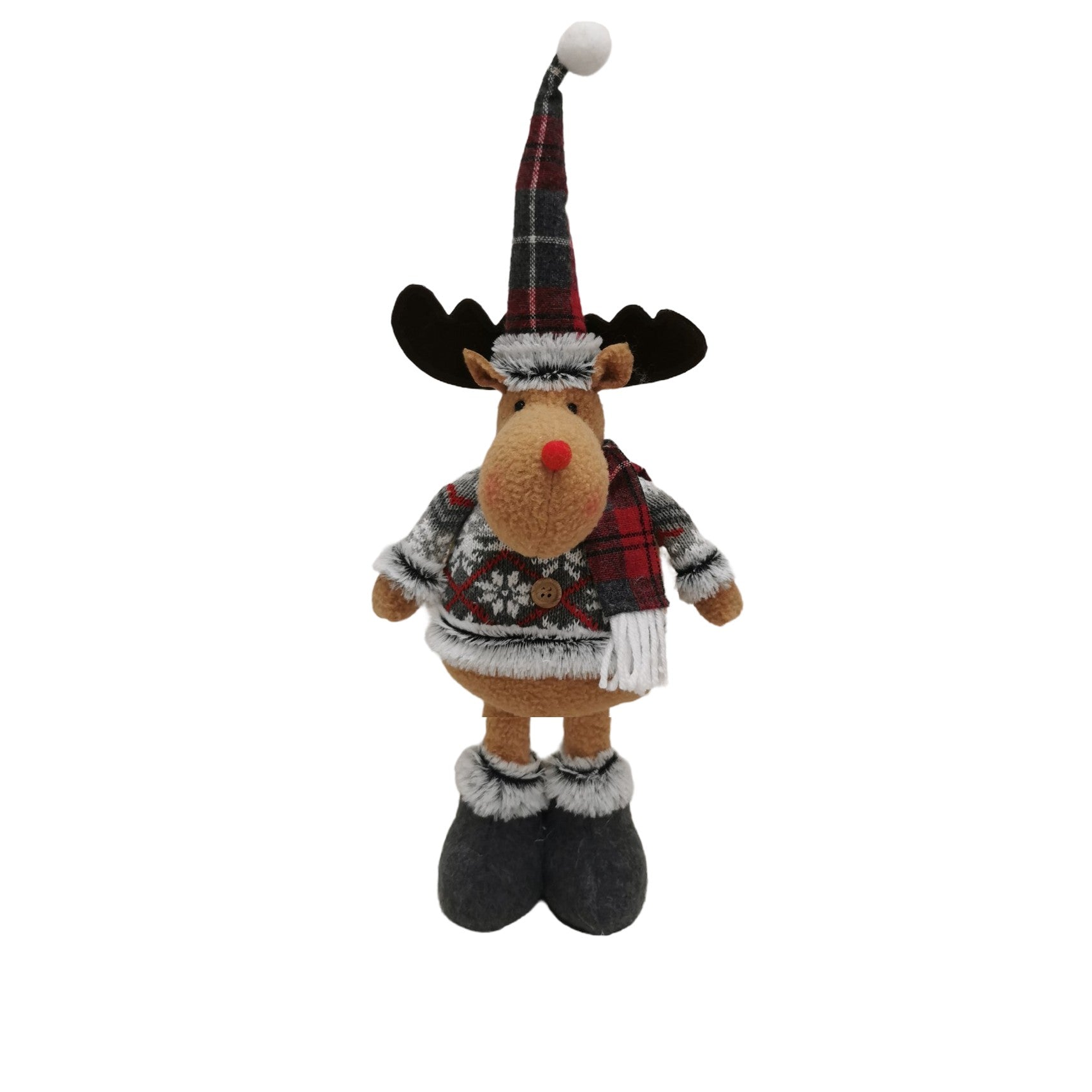 Figurina Decorativa, Pentru Craciun, Ren, Picioare Telescopice, Inaltime Reglabila 44-54cm, Bluza cu Fulgi, Rosu/Gri