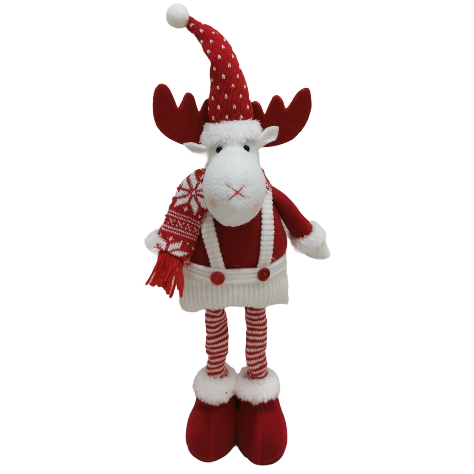 Figurina Decorativa, Pentru Craciun, Ren, Picioare Telescopice, Inaltime Reglabila 44-54cm, Caciula cu Inimioare, Alb/Rosu