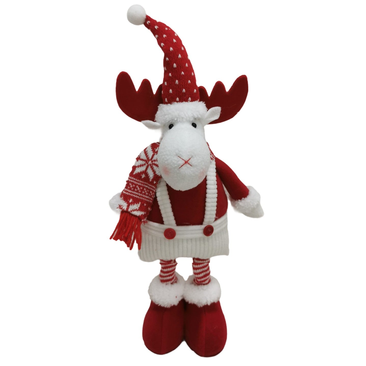 Figurina Decorativa, Pentru Craciun, Ren, Picioare Telescopice, Inaltime Reglabila 44-54cm, Caciula cu Inimioare, Alb/Rosu