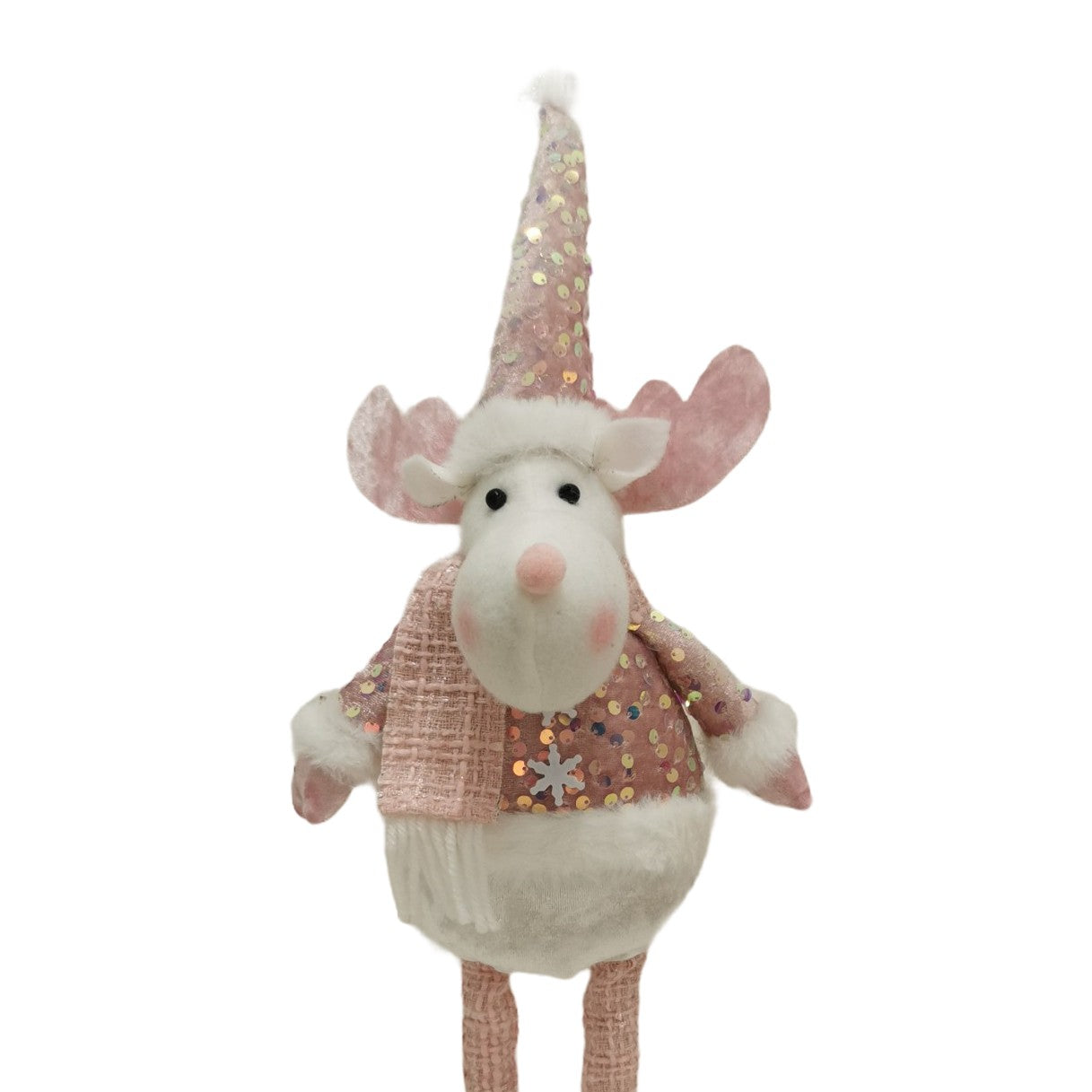 Figurina Decorativa, Pentru Craciun, Ren, Picioare Telescopice, Inaltime Reglabila 44-54cm, Bluza cu Paiete, Roz