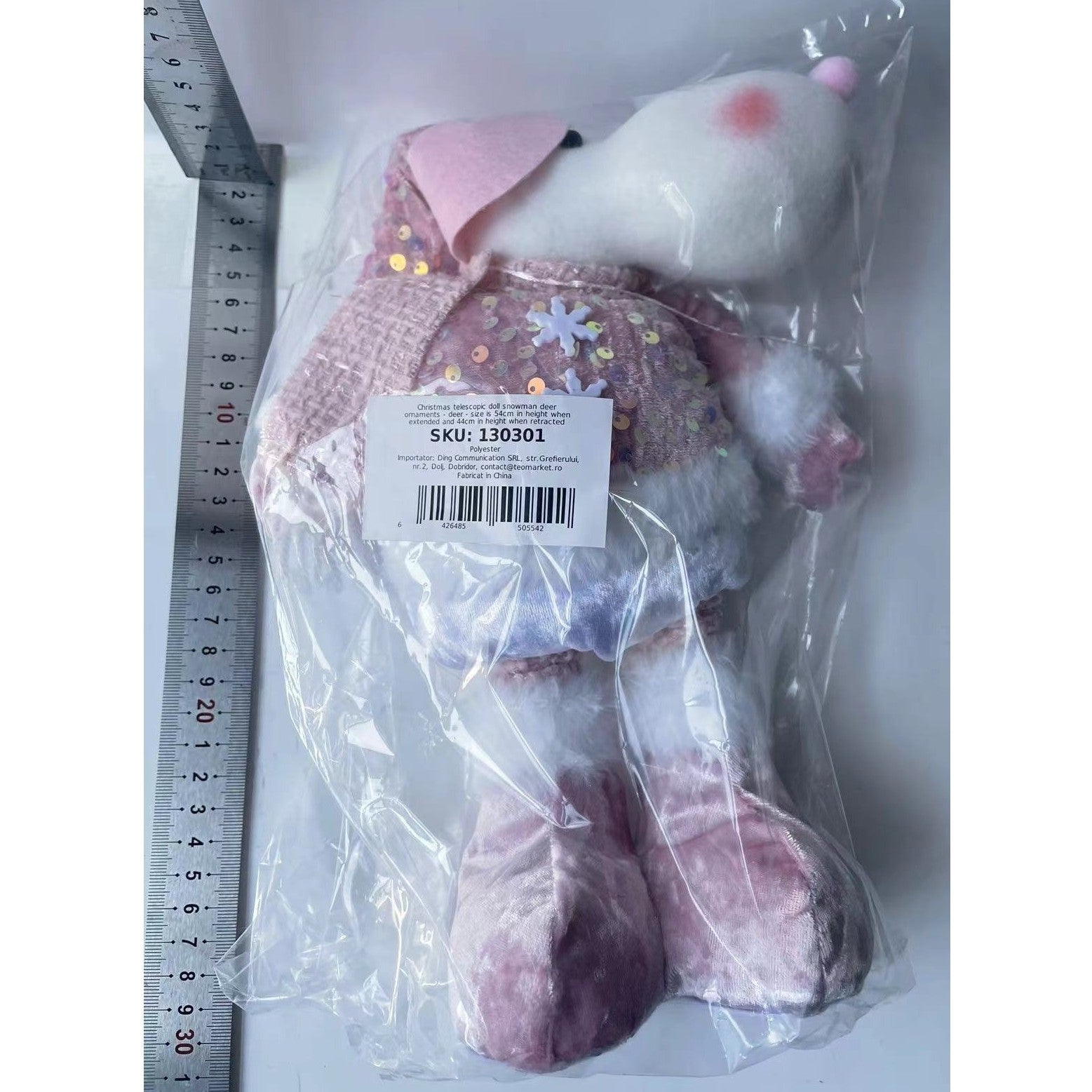 Figurina Decorativa, Pentru Craciun, Ren, Picioare Telescopice, Inaltime Reglabila 44-54cm, Bluza cu Paiete, Roz