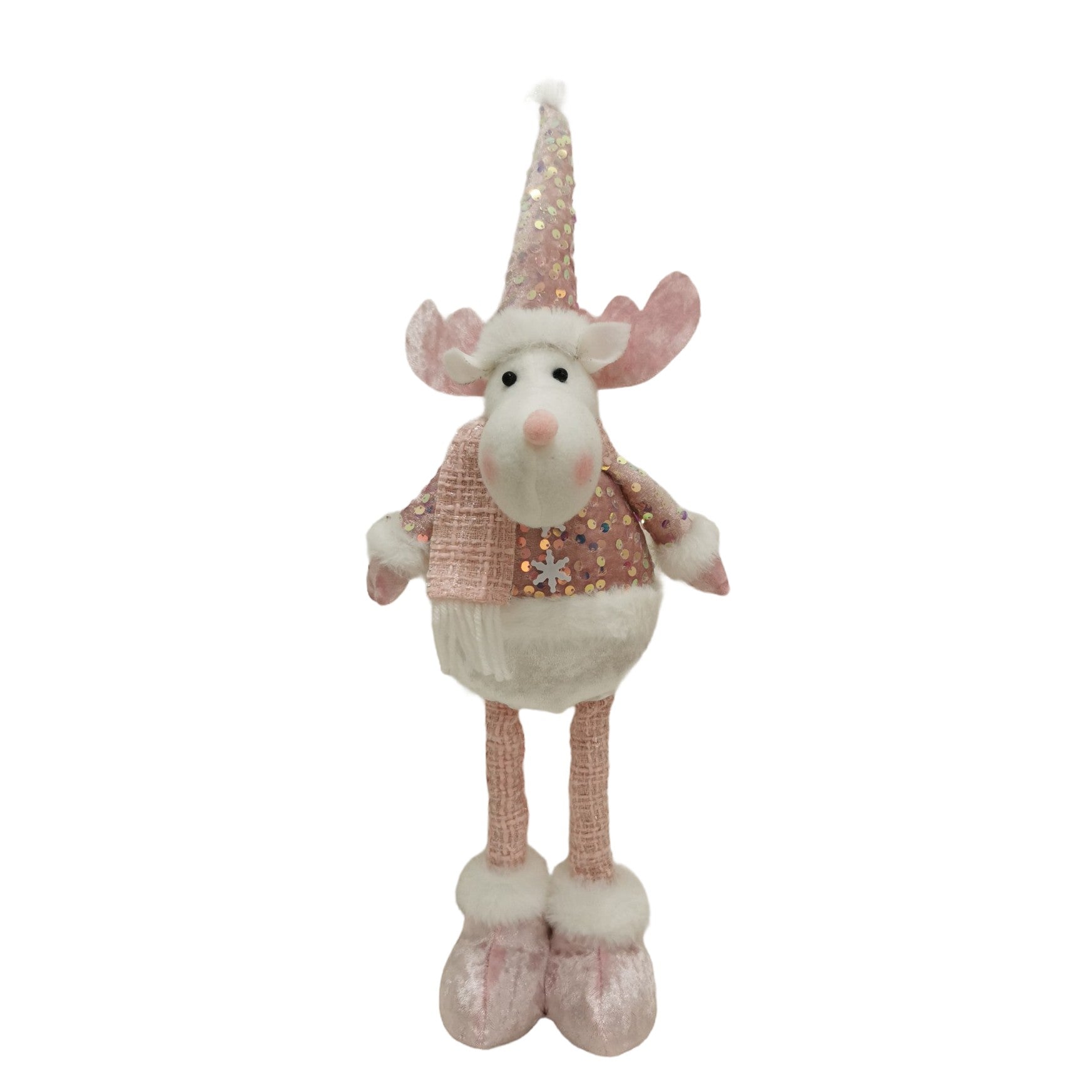 Figurina Decorativa, Pentru Craciun, Ren, Picioare Telescopice, Inaltime Reglabila 44-54cm, Bluza cu Paiete, Roz