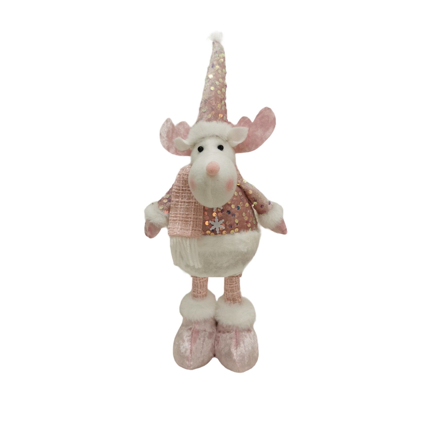 Figurina Decorativa, Pentru Craciun, Ren, Picioare Telescopice, Inaltime Reglabila 44-54cm, Bluza cu Paiete, Roz