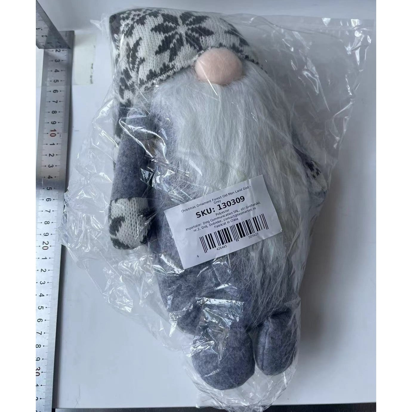 Figurina Decorativa, Pentru Craciun, Spiridus, Omul Padurii cu Barba Lunga, Inaltime 47 cm, Gri
