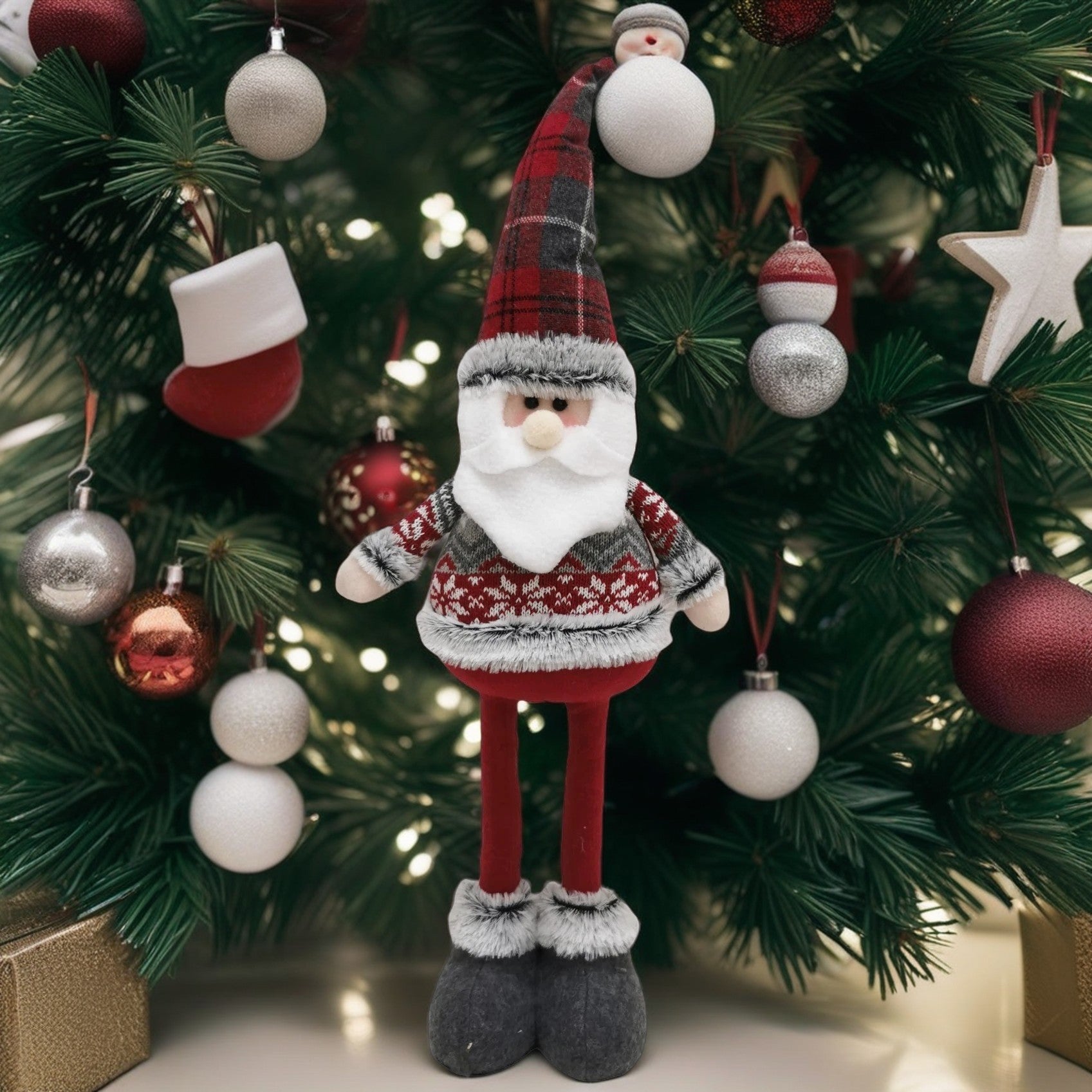Figurina Decorativa, Pentru Craciun, Mos Craciun, Picioare Telescopice, Inaltime Reglabila 44-54cm, Bluza cu Fulgi, Rosu/Gri