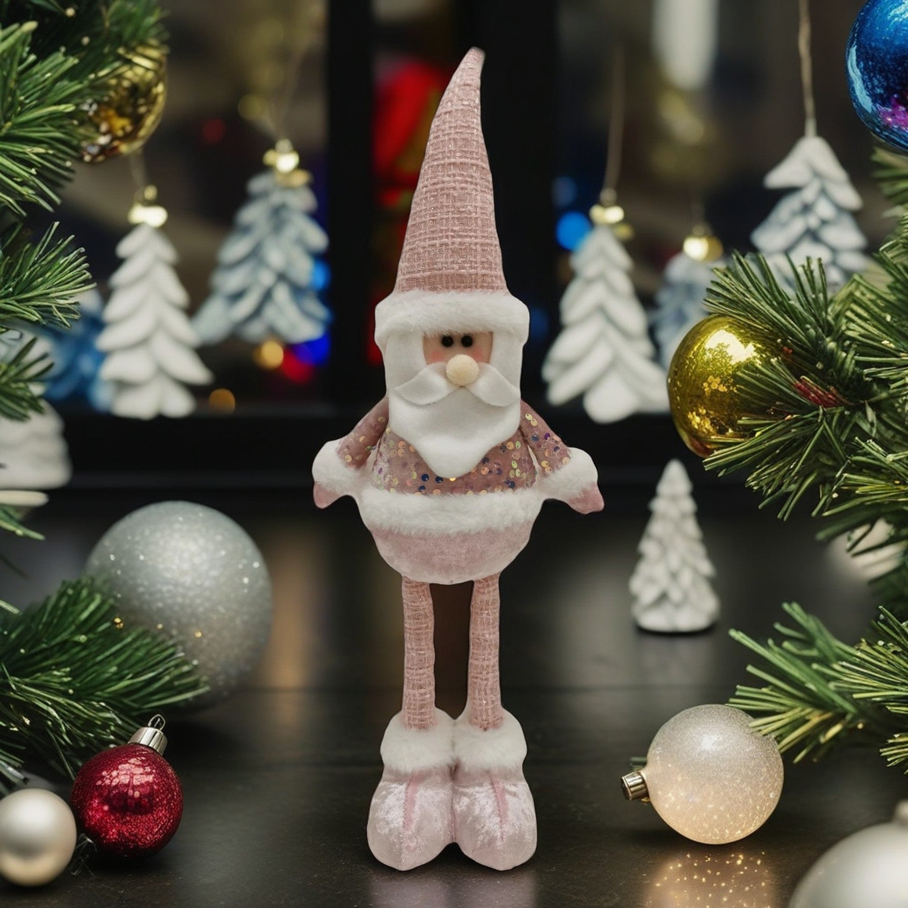 Figurina Decorativa, Pentru Craciun, Mos Craciun, Picioare Telescopice, Inaltime Reglabila 44-54cm, Bluza cu Paiete, Roz
