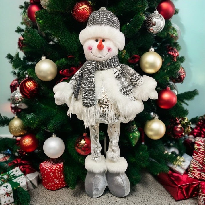Figurina Decorativa, Pentru Craciun, Om de Zapada, Picioare Telescopice, Inaltime Reglabila 33- 70 cm, Pantaloni Luciosi, Alb/Argintiu