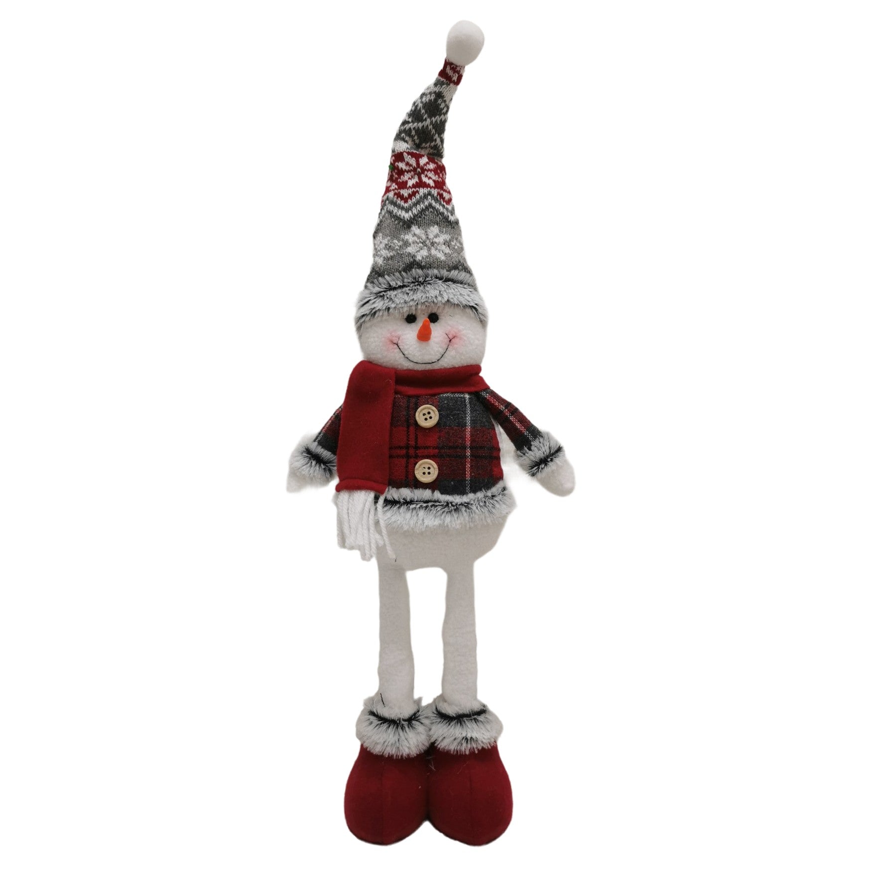 Figurina Decorativa, Pentru Craciun, Om de Zapada, Picioare Telescopice, Inaltime Reglabila 44-54cm, Caciula cu Fugi, Rosu/Gri