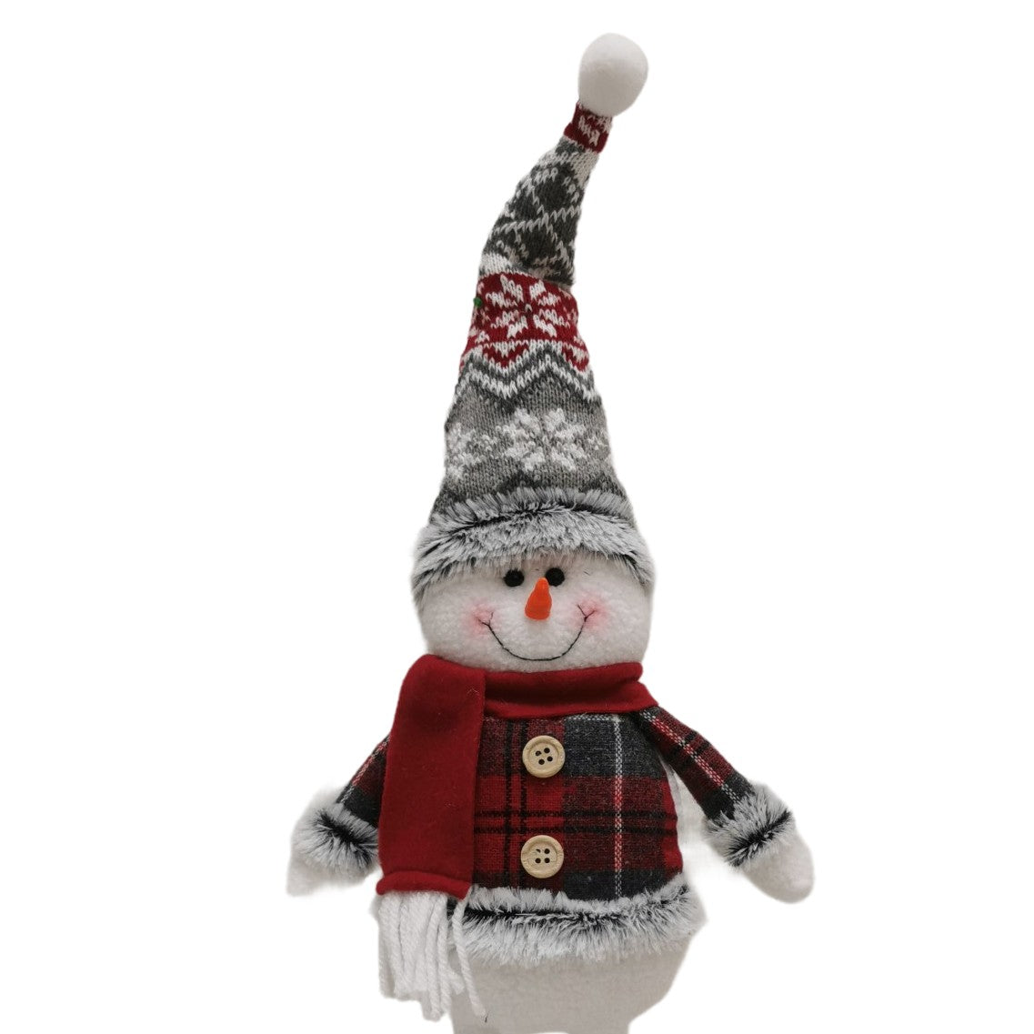 Figurina Decorativa, Pentru Craciun, Om de Zapada, Picioare Telescopice, Inaltime Reglabila 44-54cm, Caciula cu Fugi, Rosu/Gri