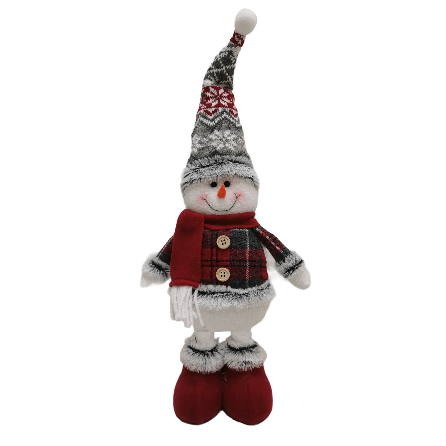Figurina Decorativa, Pentru Craciun, Om de Zapada, Picioare Telescopice, Inaltime Reglabila 44-54cm, Caciula cu Fugi, Rosu/Gri