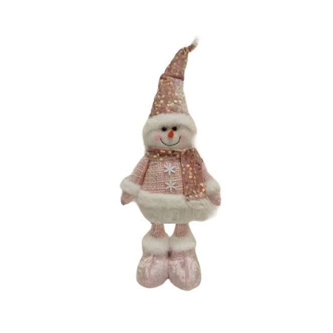 Figurina Decorativa, Pentru Craciun, Om de Zapada, Picioare Telescopice, Inaltime Reglabila 44-54cm, Caciula cu Paiete, Roz