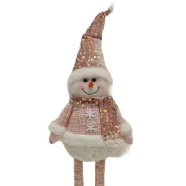 Figurina Decorativa, Pentru Craciun, Om de Zapada, Picioare Telescopice, Inaltime Reglabila 44-54cm, Caciula cu Paiete, Roz