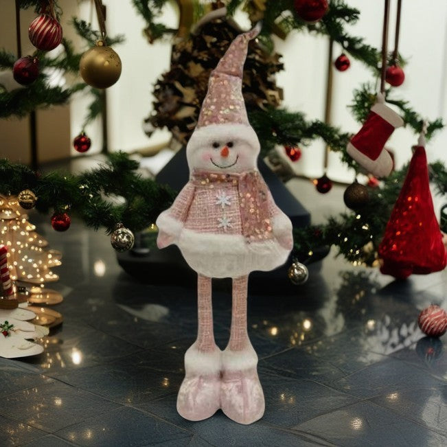 Figurina Decorativa, Pentru Craciun, Om de Zapada, Picioare Telescopice, Inaltime Reglabila 44-54cm, Caciula cu Paiete, Roz
