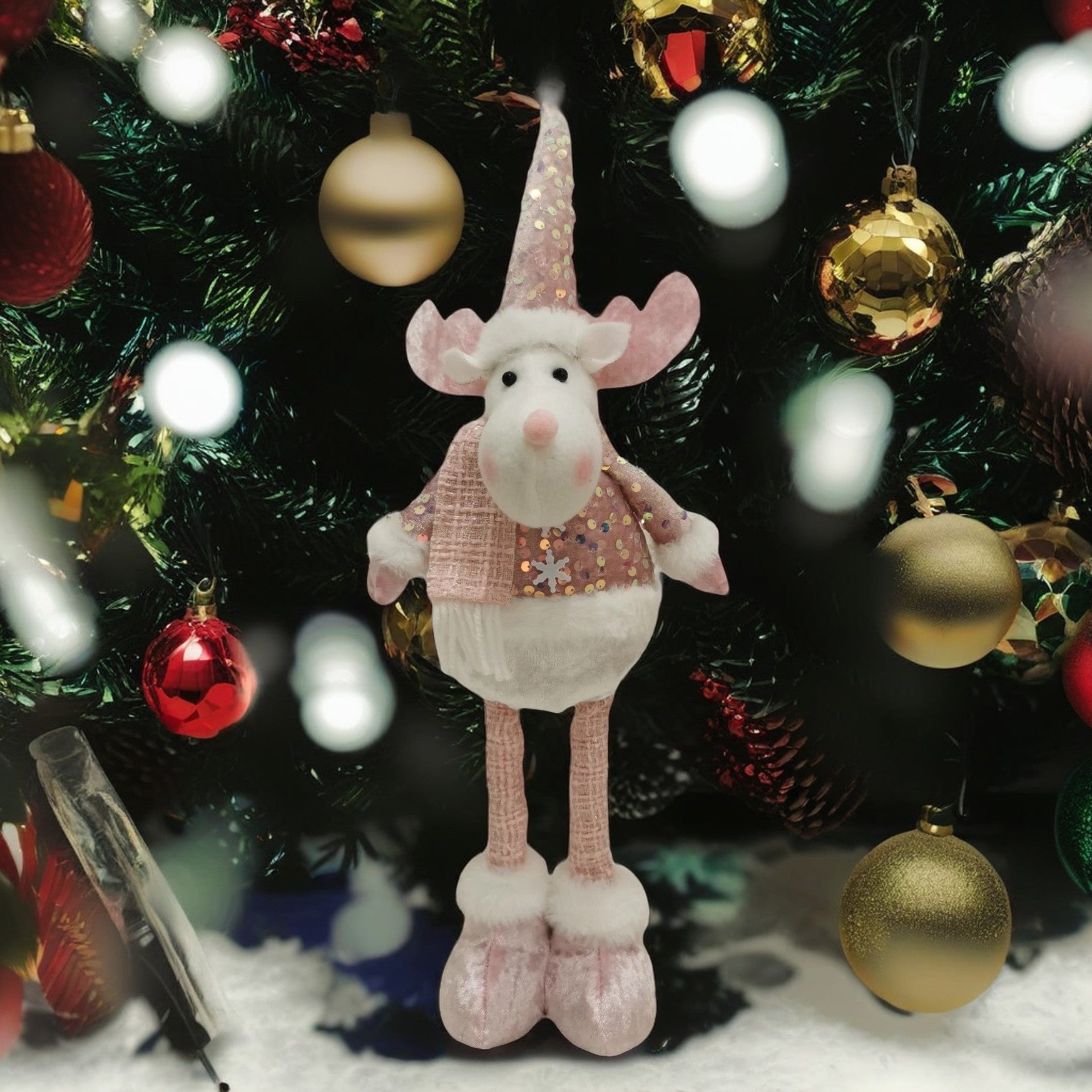 Figurina Decorativa, Pentru Craciun, Ren, Picioare Telescopice, Inaltime Reglabila 44-54cm, Bluza cu Paiete, Roz