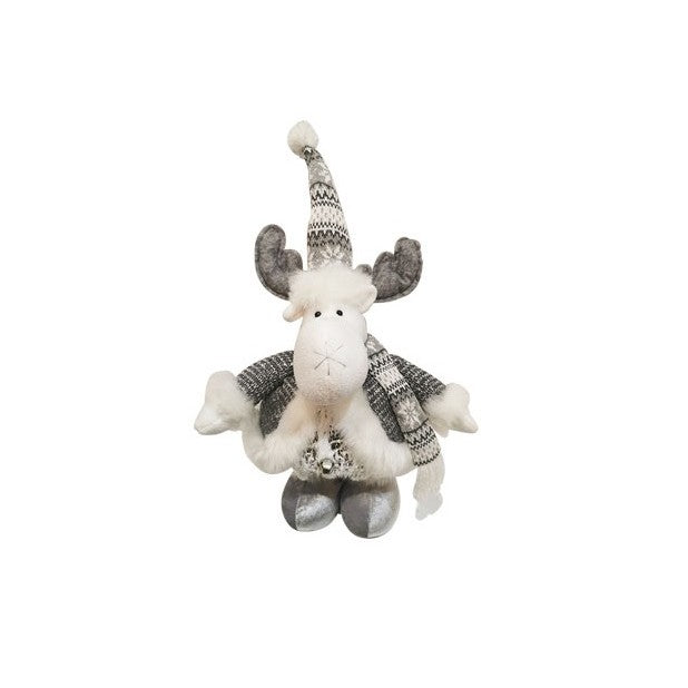 Figurina Decorativa, Pentru Craciun, Ren, Picioare Telescopice, Inaltime Reglabila 52- 82 cm, Pantaloni Luciosi, Alb/Argintiu