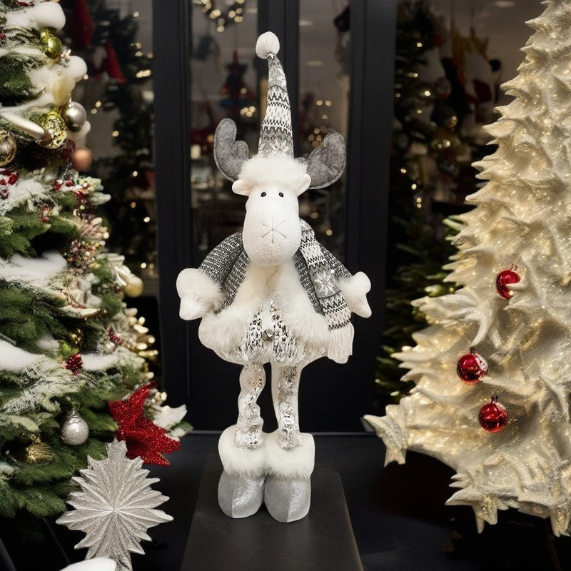 Figurina Decorativa, Pentru Craciun, Ren, Picioare Telescopice, Inaltime Reglabila 52- 82 cm, Pantaloni Luciosi, Alb/Argintiu