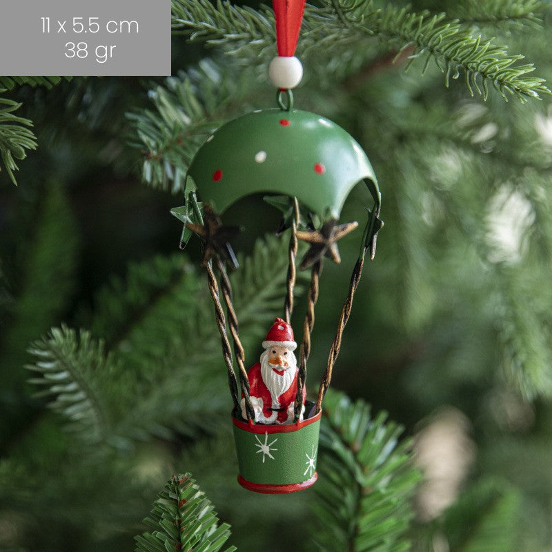 Figurina pentru Brad de Craciun, Model Mos Craciun in Balon cu Aer Cald, Ornament pentru Brad, din Metal, 11 x 5.5 x 5.5 cm, Verde