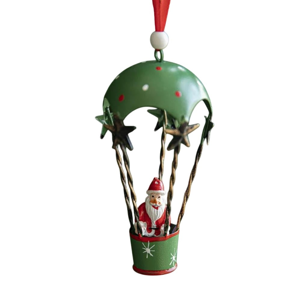 Figurina pentru Brad de Craciun, Model Mos Craciun in Balon cu Aer Cald, Ornament pentru Brad, din Metal, 11 x 5.5 x 5.5 cm, Verde