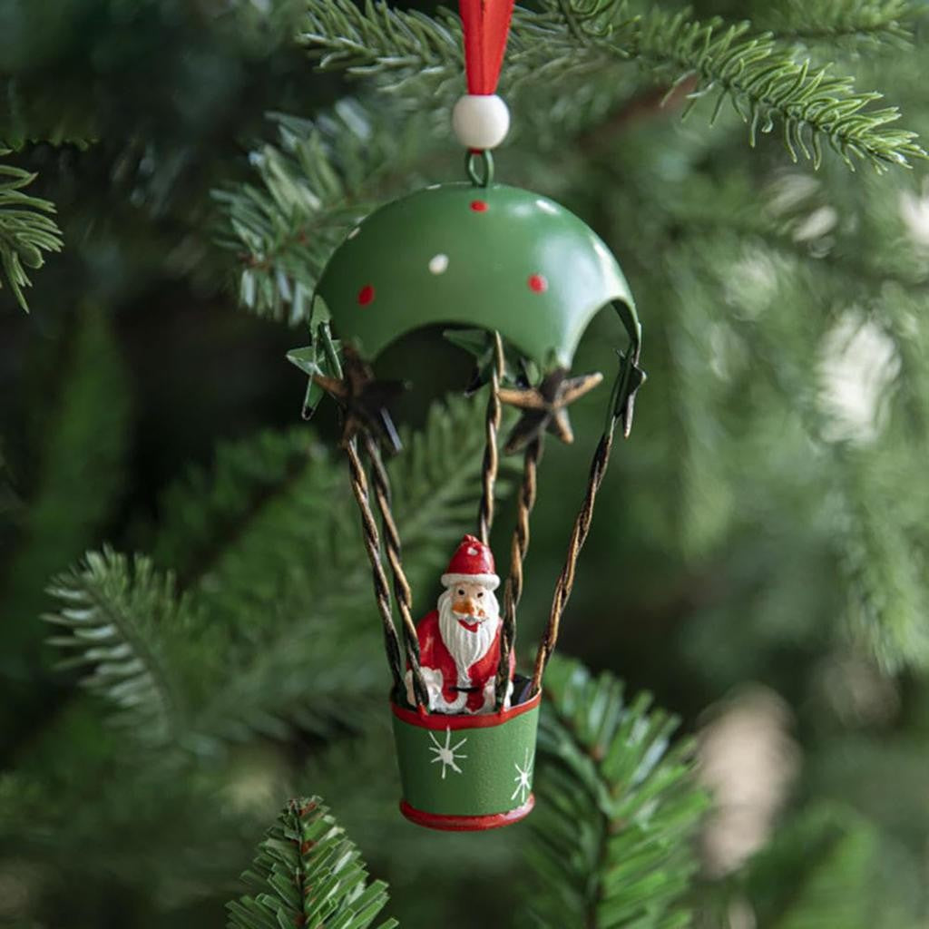 Figurina pentru Brad de Craciun, Model Mos Craciun in Balon cu Aer Cald, Ornament pentru Brad, din Metal, 11 x 5.5 x 5.5 cm, Verde