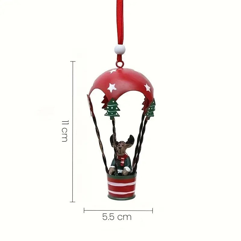 Figurina pentru Brad de Craciun, Model Ren in Balon cu Aer Cald, Ornament pentru Brad, din Metal, 11 x 5.5 x 5.5 cm, Rosu inchis