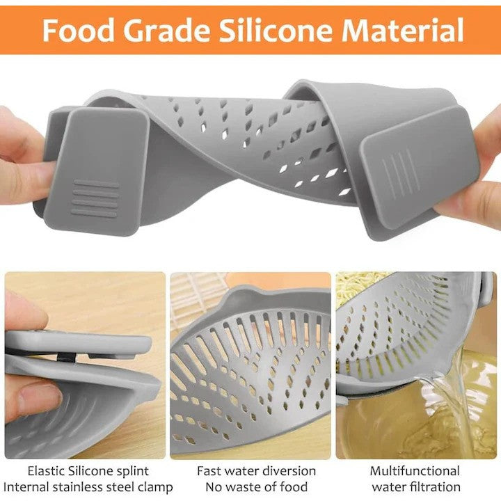 Strecurator Filtru pentru Vase, din Silicon Rezistent la Temperaturi Inalte, Universal, Paste, Legume, Fructe, 23x12.5x6.7 cm, Gri