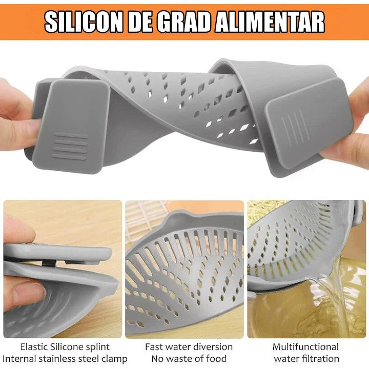 Strecurator Filtru pentru Vase, din Silicon Rezistent la Temperaturi Inalte, Universal, Paste, Legume, Fructe, 23x12.5x6.7 cm, Gri
