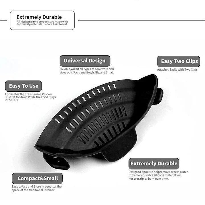 Strecurator Filtru pentru Vase, din Silicon Rezistent la Temperaturi Inalte, Universal, Paste, Legume, Fructe, 23x12.5x6.7 cm Negru