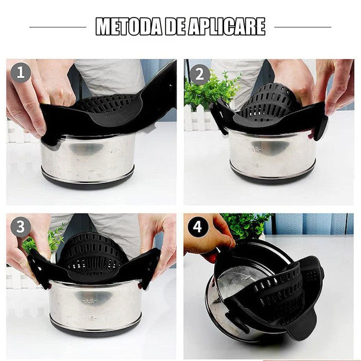Strecurator Filtru pentru Vase, din Silicon Rezistent la Temperaturi Inalte, Universal, Paste, Legume, Fructe, 23x12.5x6.7 cm Negru