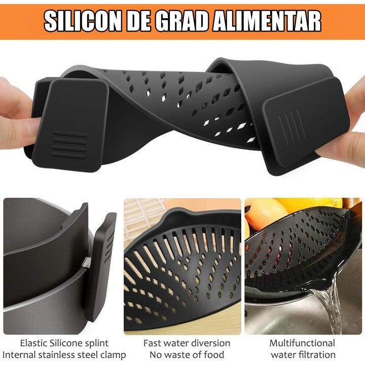 Strecurator Filtru pentru Vase, din Silicon Rezistent la Temperaturi Inalte, Universal, Paste, Legume, Fructe, 23x12.5x6.7 cm Negru