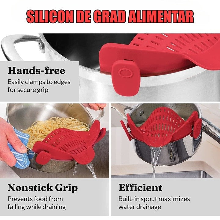 Strecurator Filtru pentru Vase, din Silicon Rezistent la Temperaturi Inalte, Universal, Paste, Legume, Fructe, 23x12.5x6.7 cm Rosu