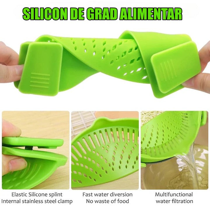 Strecurator Filtru pentru Vase, din Silicon Rezistent la Temperaturi Inalte, Universal, Paste, Legume, Fructe, 23x12.5x6.7 cm Verde