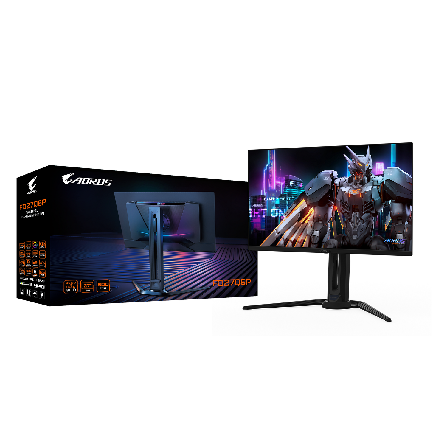 Monitor GIGABYTE AORUS FO27Q5P, QD-OLED, 27", QHD, 2560 x 1440, DisplayPort, HDMI, Boxe, Pivot, 500Hz, 0.03 ms, Negru "FO27Q5P"