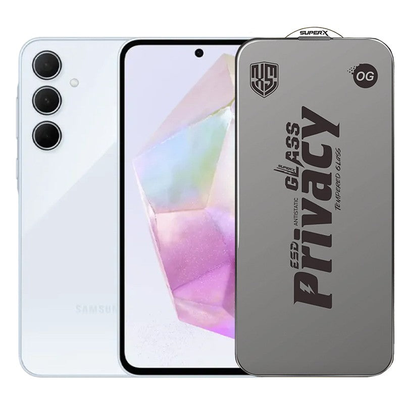Folie de Protectie pentru Samsung Galaxy A35, Flippy, Sticla Securizata ESD Antistatica, Super-X Privacy OG, Margini Negre, 0.30 mm, Transparent Inchis