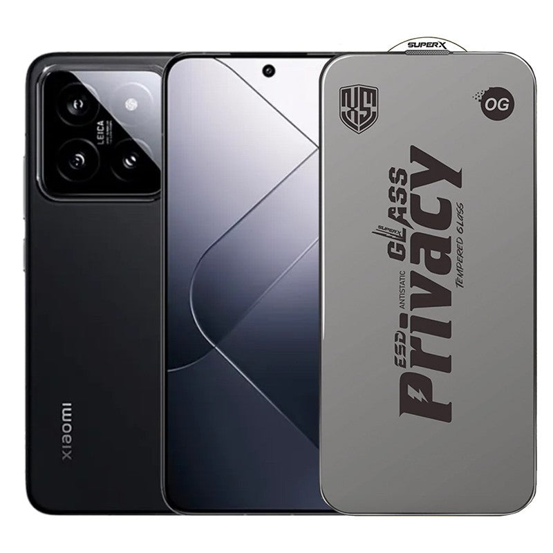 Folie de Protectie pentru Xiaomi 14, Flippy, Sticla Securizata ESD Antistatica, Super-X Privacy OG, Margini Negre, 0.30 mm, Transparent Inchis