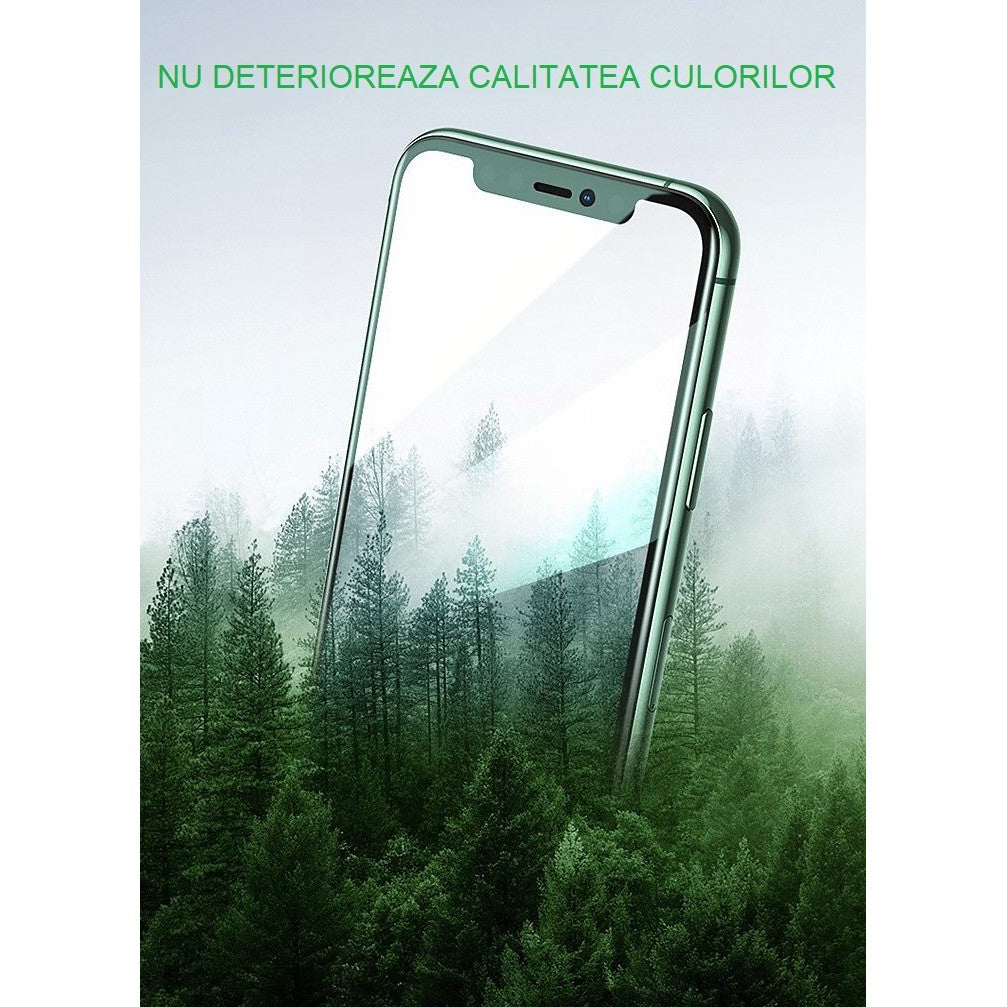 Folie de Sticla Securizata pentru Apple iPhone 15, Lumina Verde Anti-Blue Ray, Auto-Aplicare, Protectie Completa 9D, Verde
