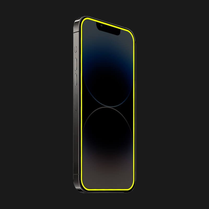 Folie de Sticla Securizata pentru Apple iPhone 15, Luminous, Margine Fosforescenta Neon din Silicon, Mat, Anti-Amprenta, Protectie Completa, 9H, Galben