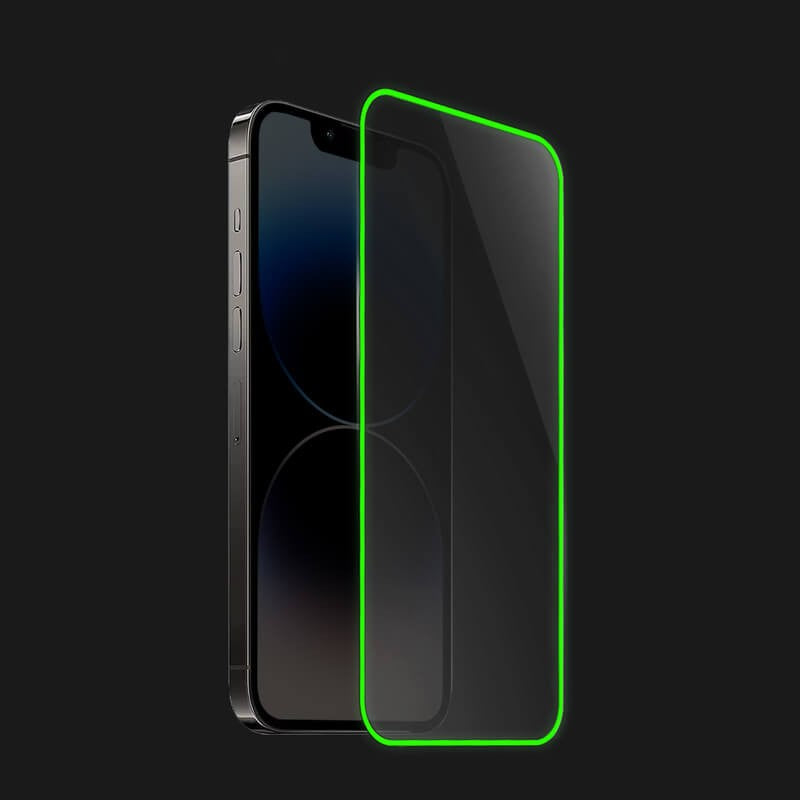 Folie de Sticla Securizata pentru Apple iPhone 15 Pro Max, Luminous, Margine Fosforescenta Neon din Silicon, Mat, Anti-Amprenta, Protectie Completa, 9H, Verde