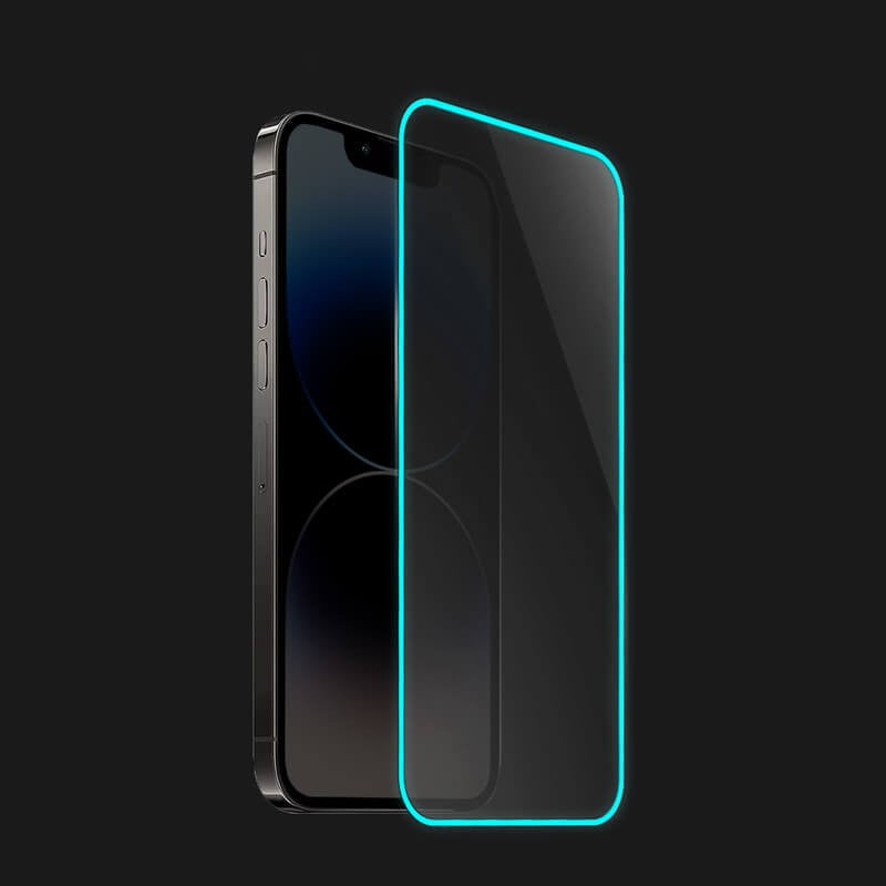 Folie de Sticla Securizata pentru Apple iPhone 15 Pro Max, Luminous, Margine Fosforescenta Neon din Silicon, Mat, Anti-Amprenta, Protectie Completa, 9H, Albastru