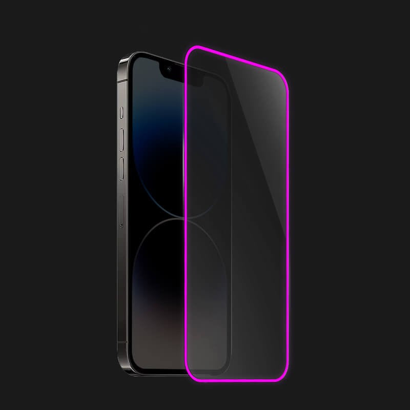 Folie de Sticla Securizata pentru Apple iPhone 15 Pro Max, Luminous, Margine Fosforescenta Neon din Silicon, Mat, Anti-Amprenta, Protectie Completa, 9H, Violet