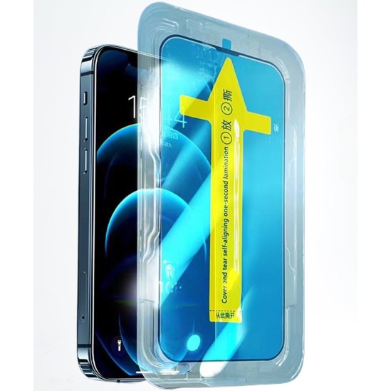 Folie sticla securizata cu sistem de montare usor si rapid pentru Apple iPhone 14 Pro, Transparent cu margini negre