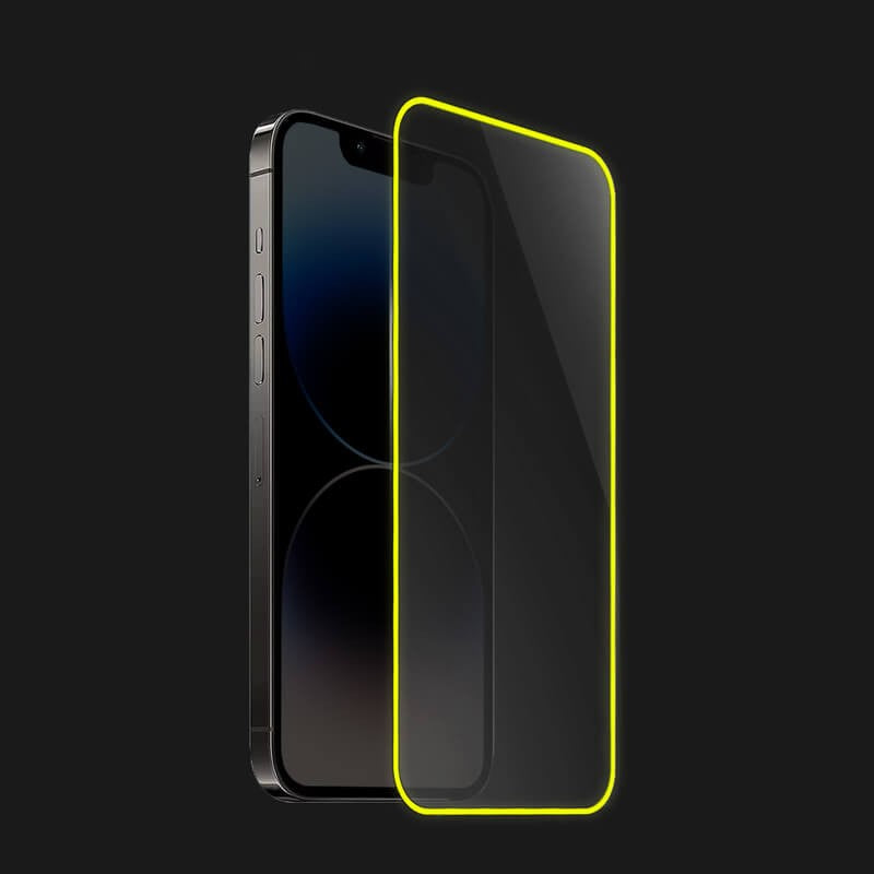 Folie de Sticla Securizata pentru Apple iPhone 15 Pro Max, Luminous, Margine Fosforescenta Neon din Silicon, Mat, Anti-Amprenta, Protectie Completa, 9H, Galben