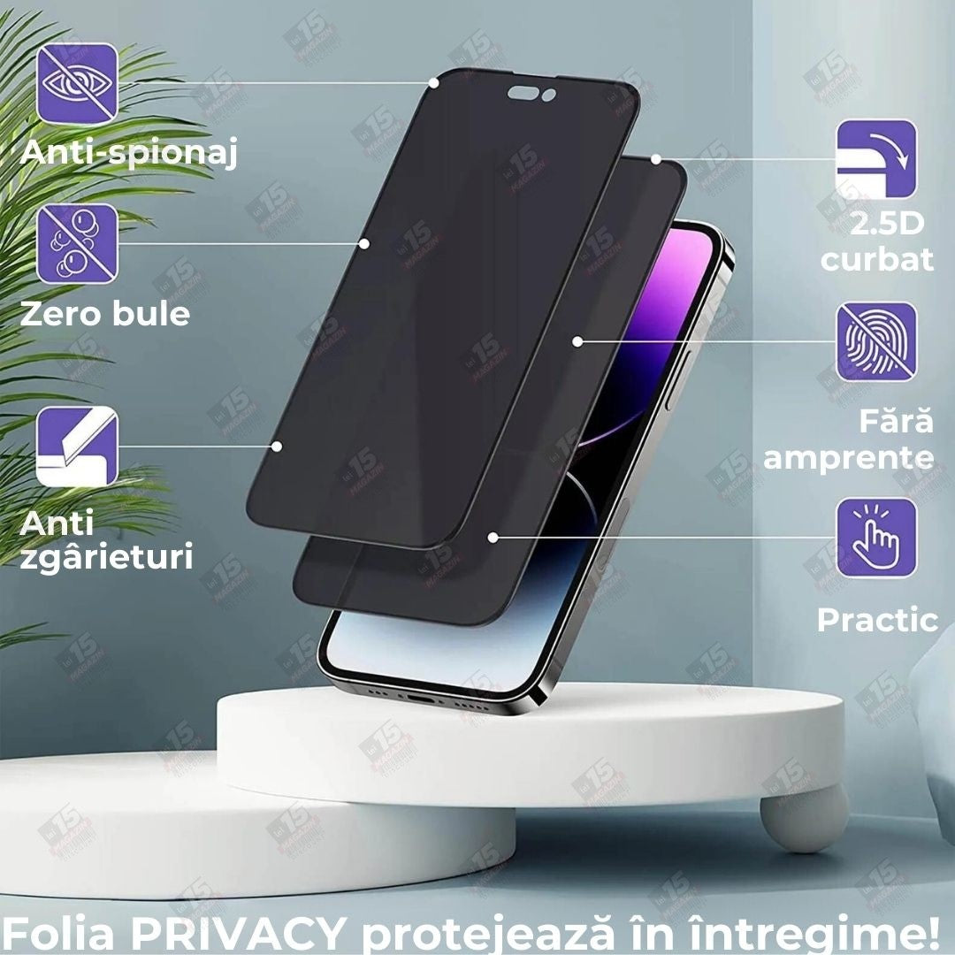 Folie Sticla Securizata, Pentru Apple iPhone 16 Plus, Privacy Classic, 2.5D, Confidentialitate 30°, Negru Transparent