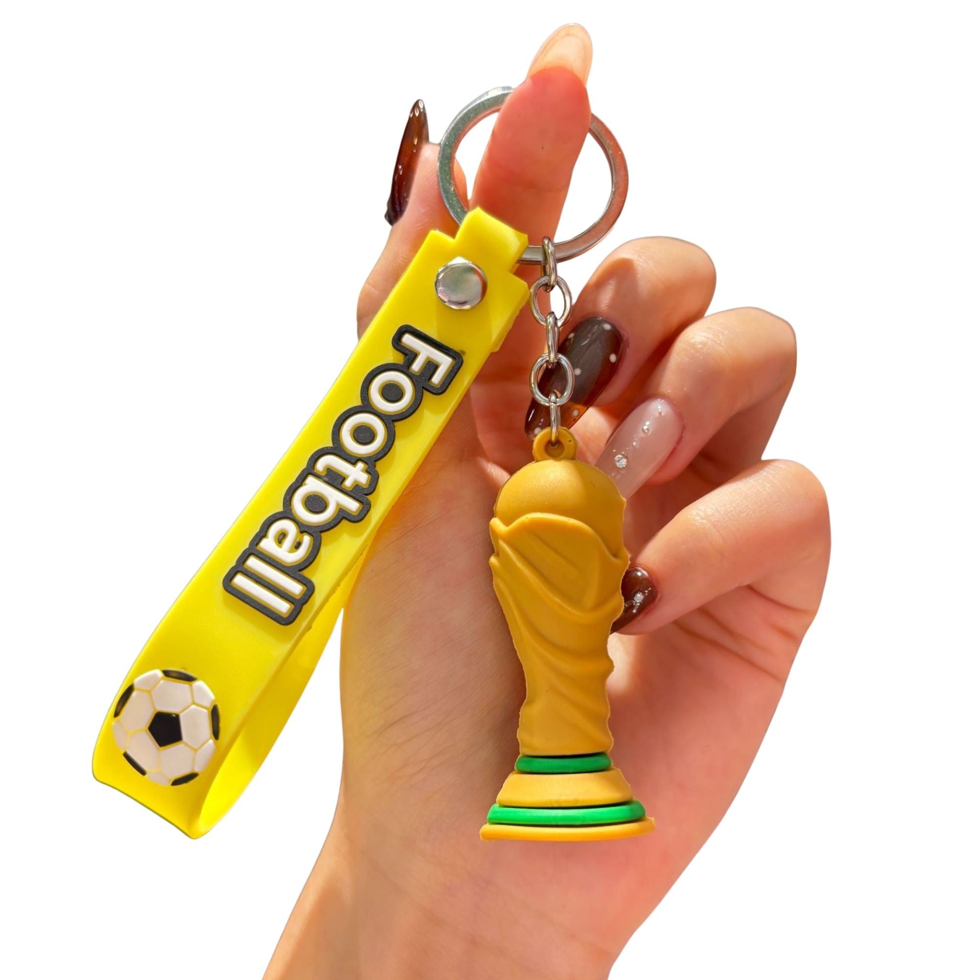 Breloc Chei, Model Trofeu, Mascota de Fotbal, Cupa Mondiala, Accesoriu Pentru Chei si Rucsac, Cauciuc Moale, 26 g, 6.2 x 3.4 cm, Galben
