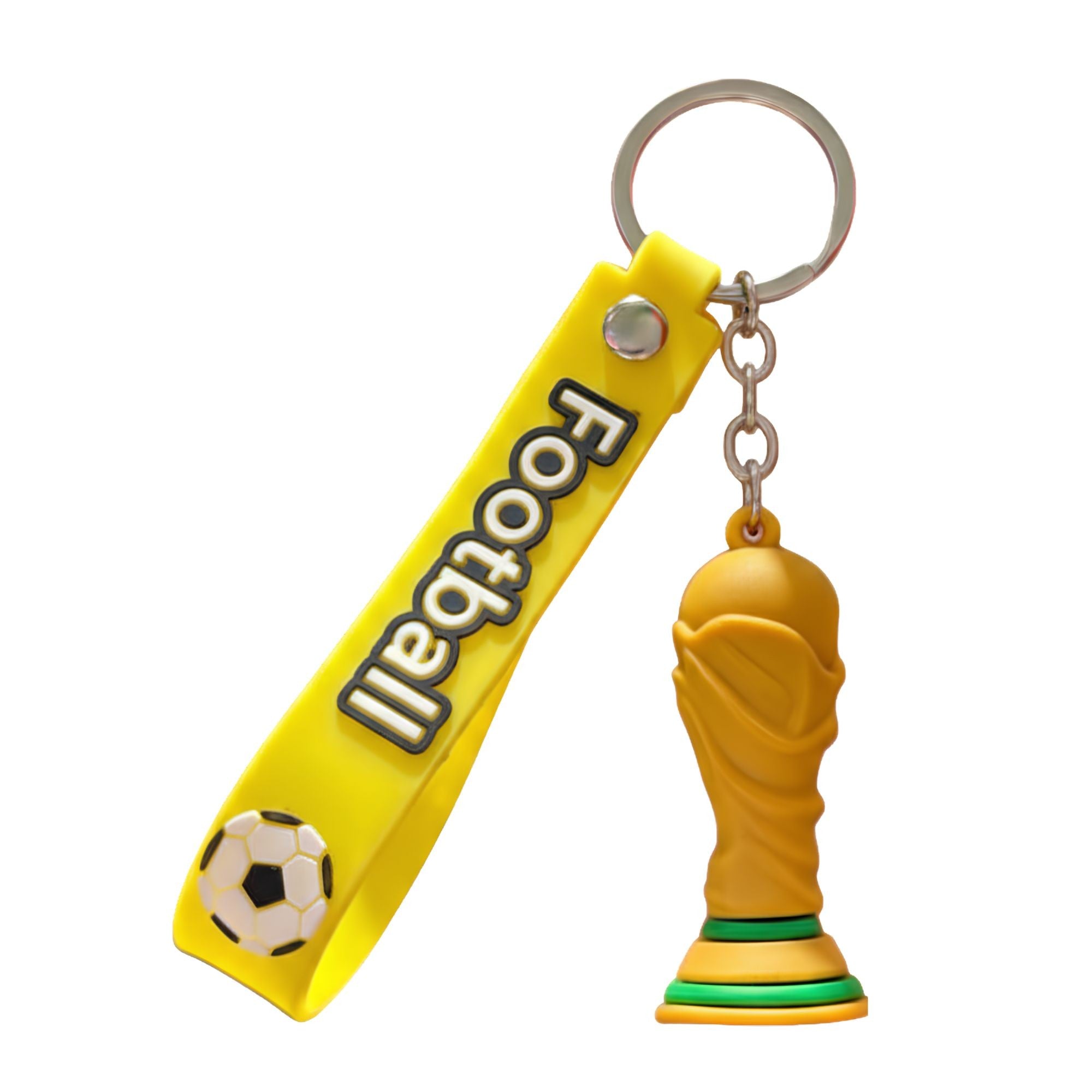 Breloc Chei, Model Trofeu, Mascota de Fotbal, Cupa Mondiala, Accesoriu Pentru Chei si Rucsac, Cauciuc Moale, 26 g, 6.2 x 3.4 cm, Galben