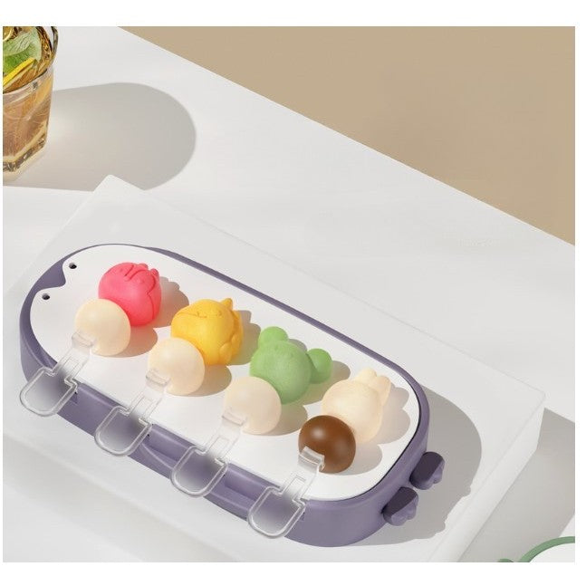 Forma pentru inghetata 4 compartimente, forme cu animalute, materialsilicon si ABS, 21 x 12.8 x 3cm, mov