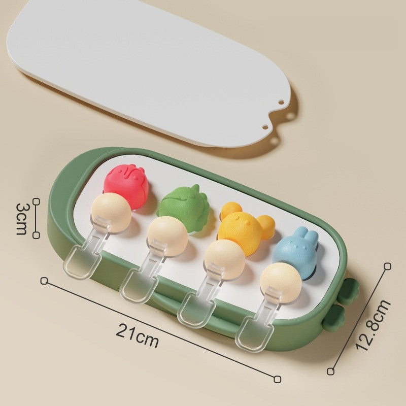 Forma pentru inghetata 4 compartimente, forme cu animalute, materialsilicon si ABS, 21 x 12.8 x 3cm, verde